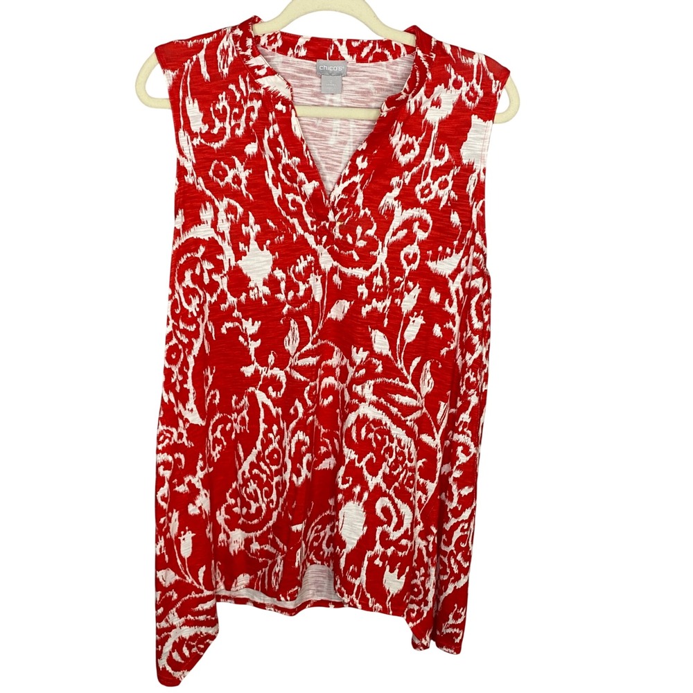 Chicos Red‎ White Ikat Paisley Sleeveless V-Neck Slub Knit Top Size 2 Large